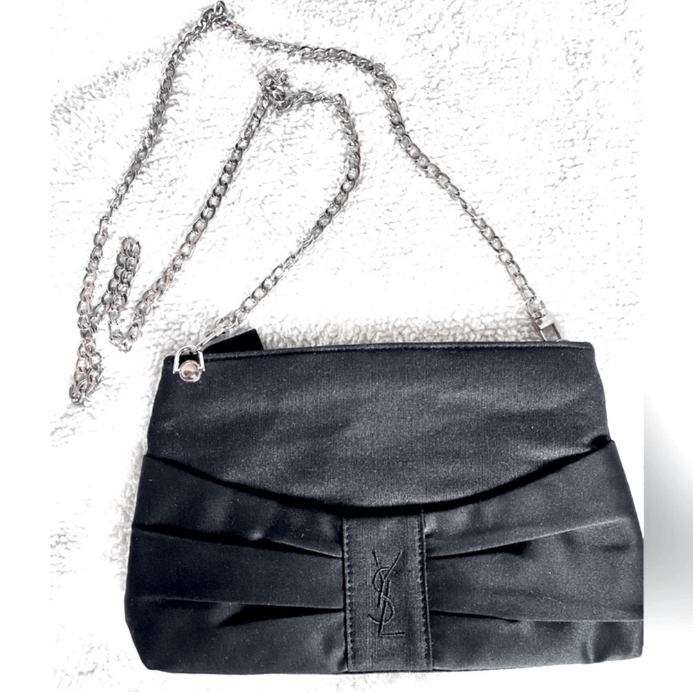 Yves Saint Laurent Black Satin Clutch With Converted Crossbody Chain